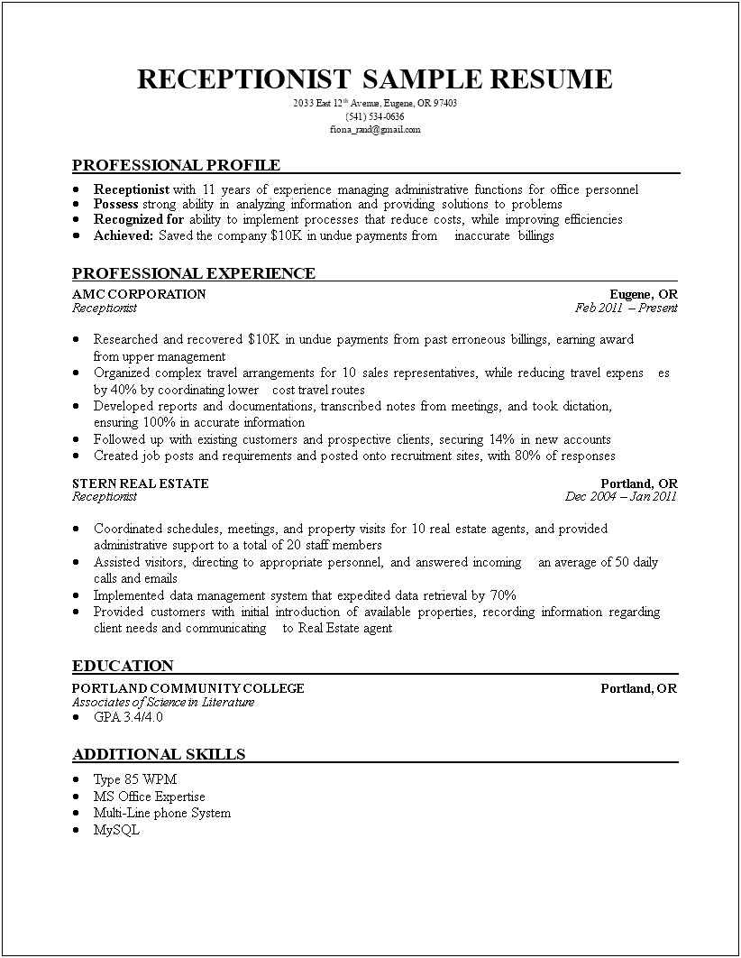 Sample Resume For Receptionist With Experience