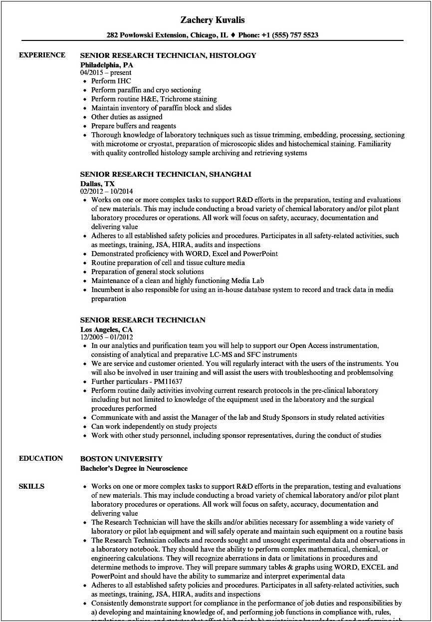 Sample Resume For Research Lab Technician