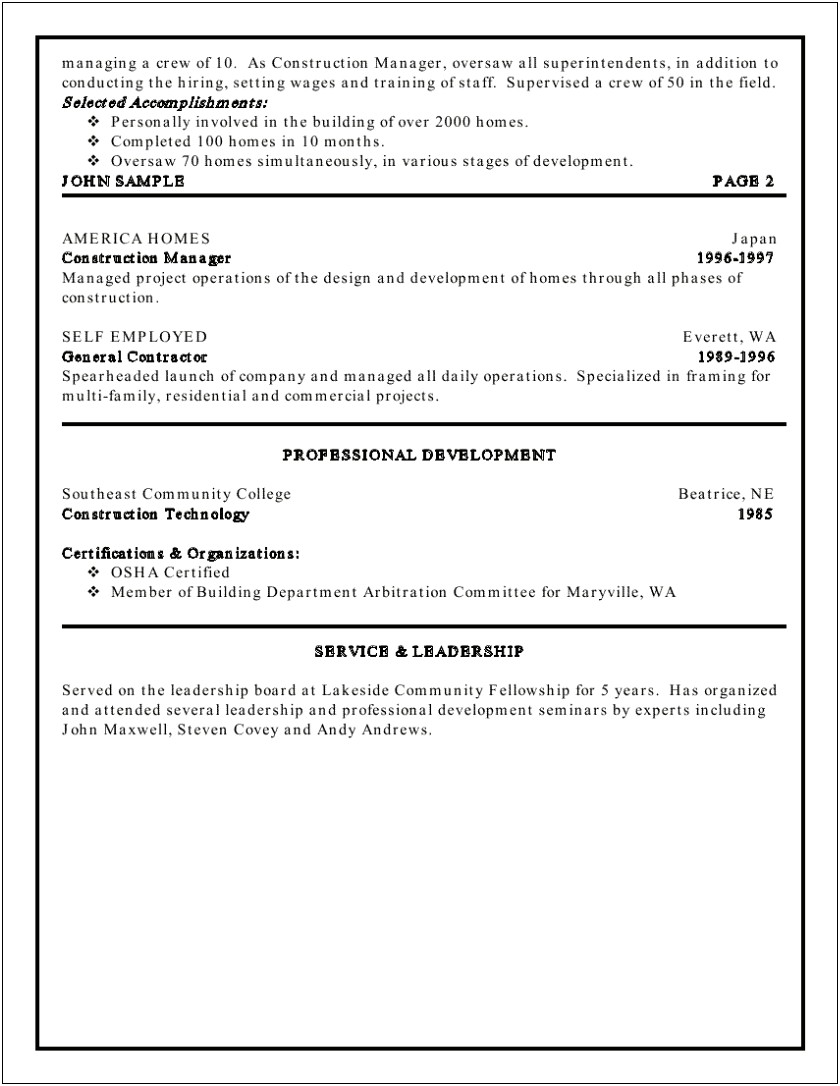 Sample Resume For Residential Construction Superintendent