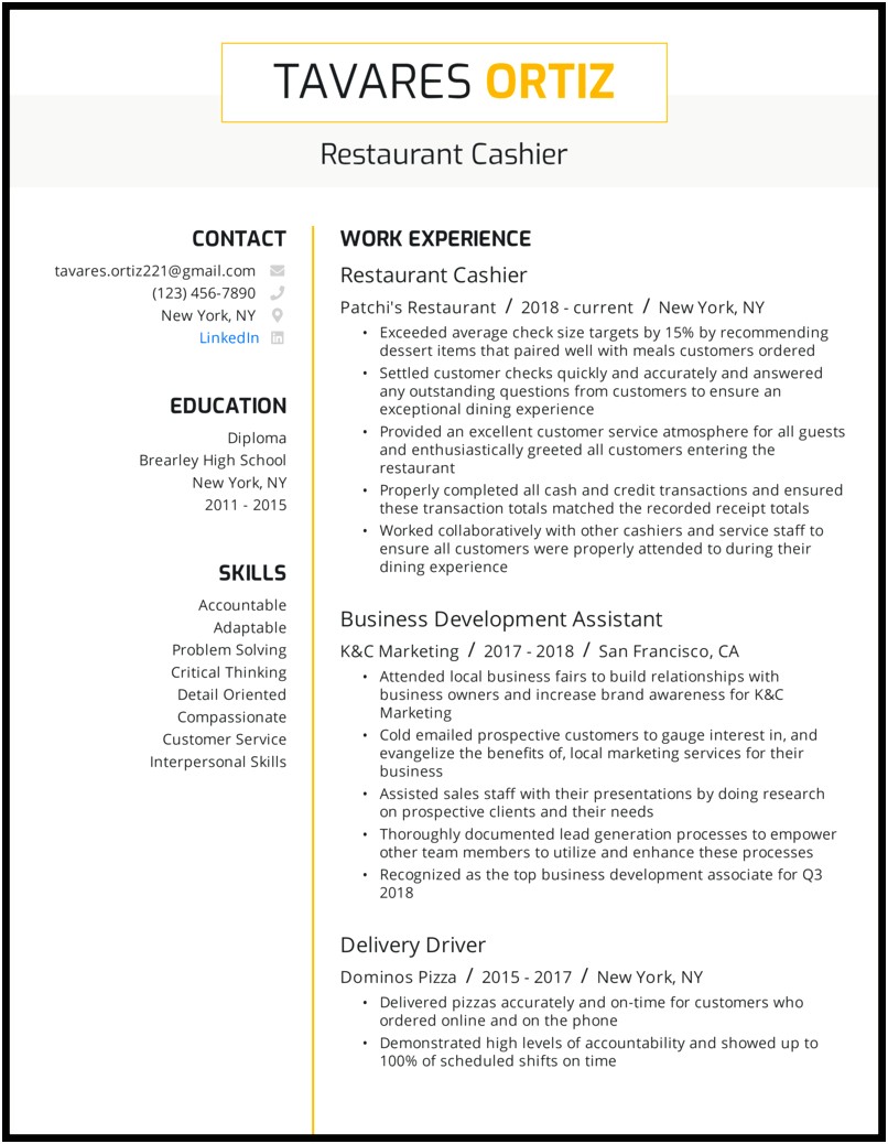 Sample Resume For Restaurant Cashier Position