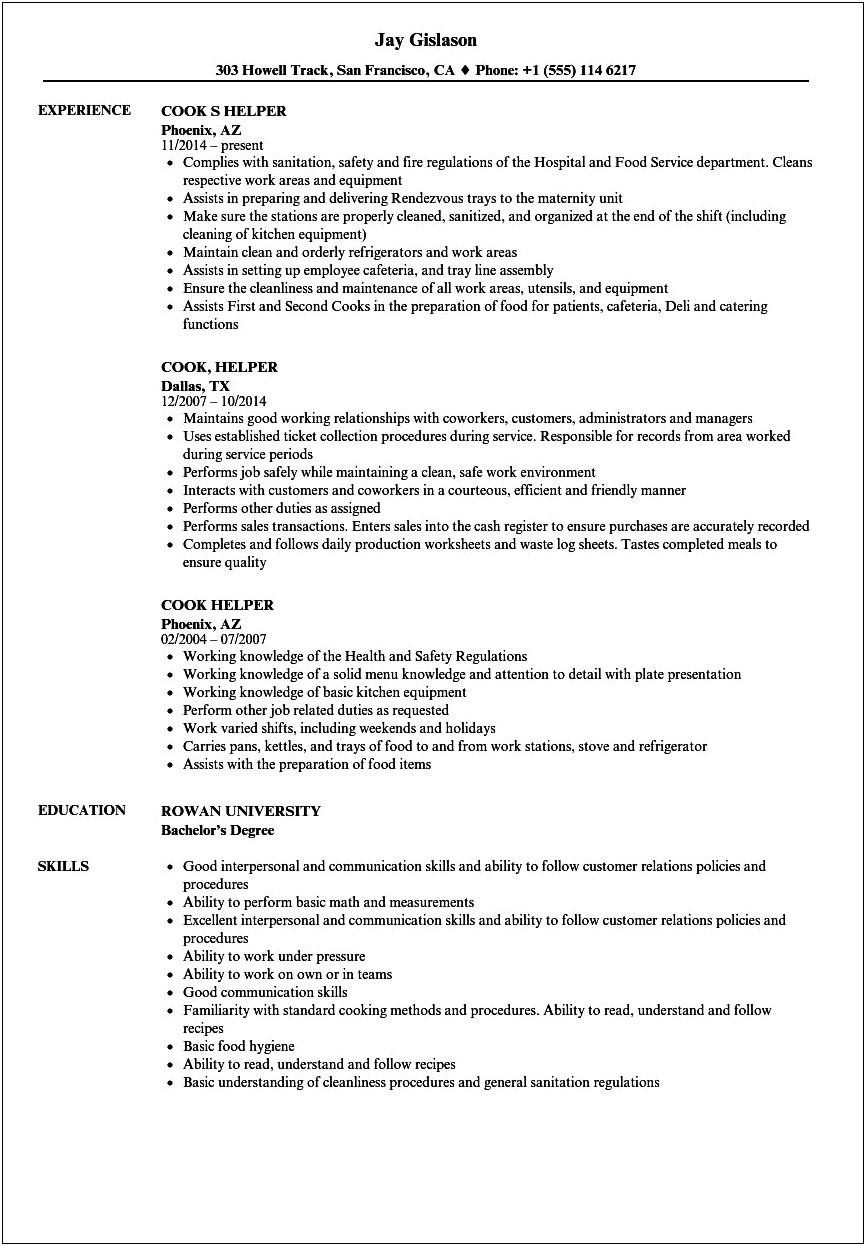 Sample Resume For Restaurant Kitchen Helper