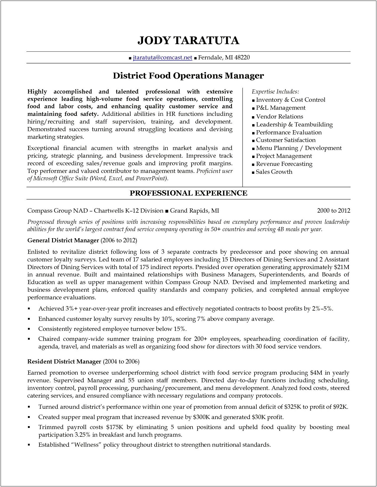 Sample Resume For Restaurant Operations Manager