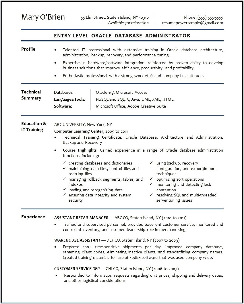 Sample Resume For Retail Entry Level