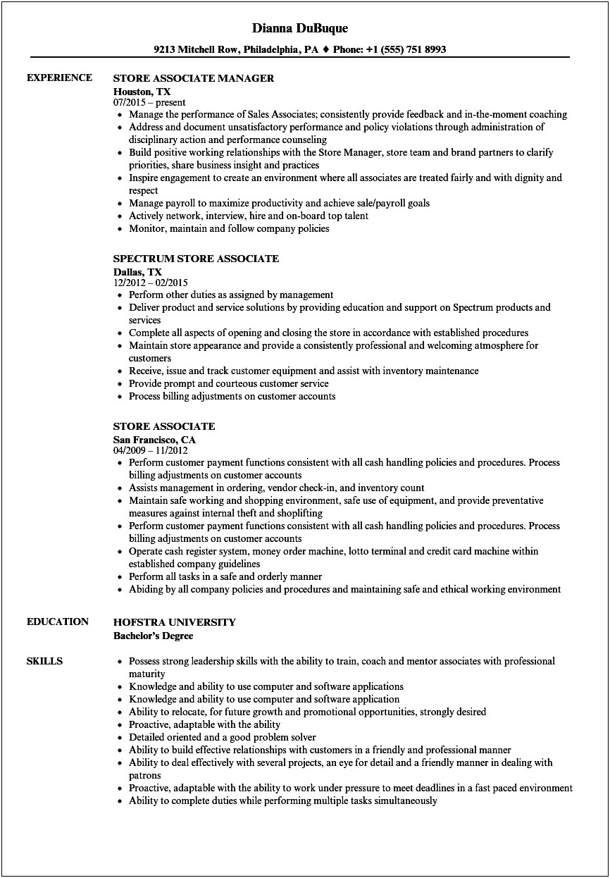 Sample Resume For Retail Store Associate