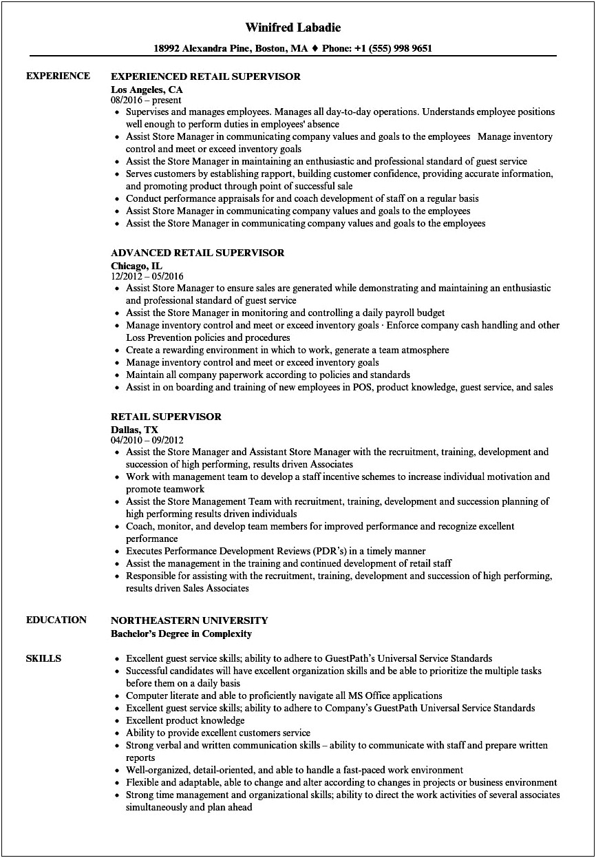 Sample Resume For Retail Supervisor Position