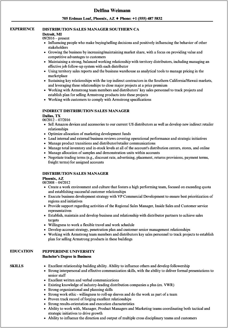 Sample Resume For Sales And Distribution