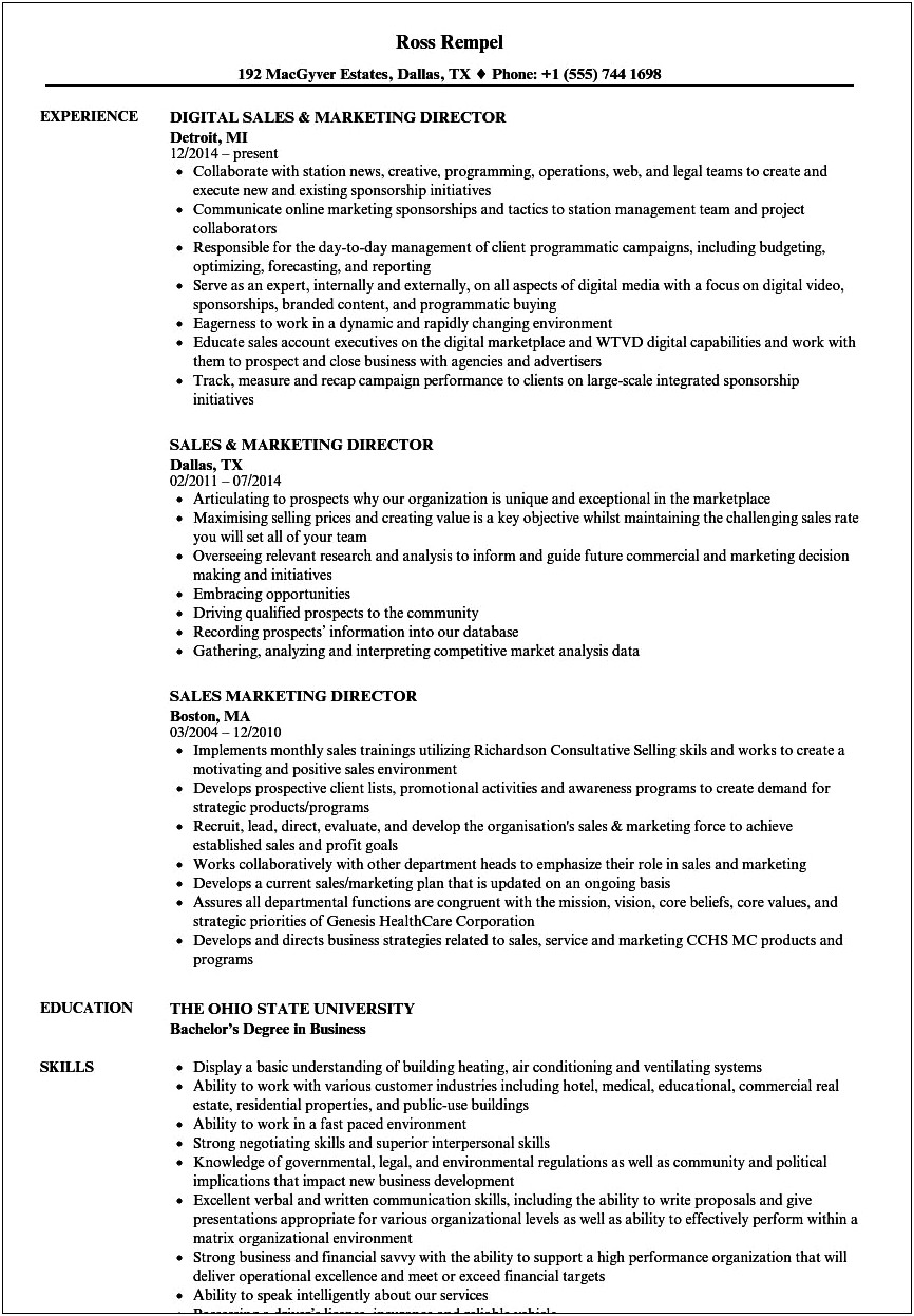 Sample Resume For Sales And Marketing Job
