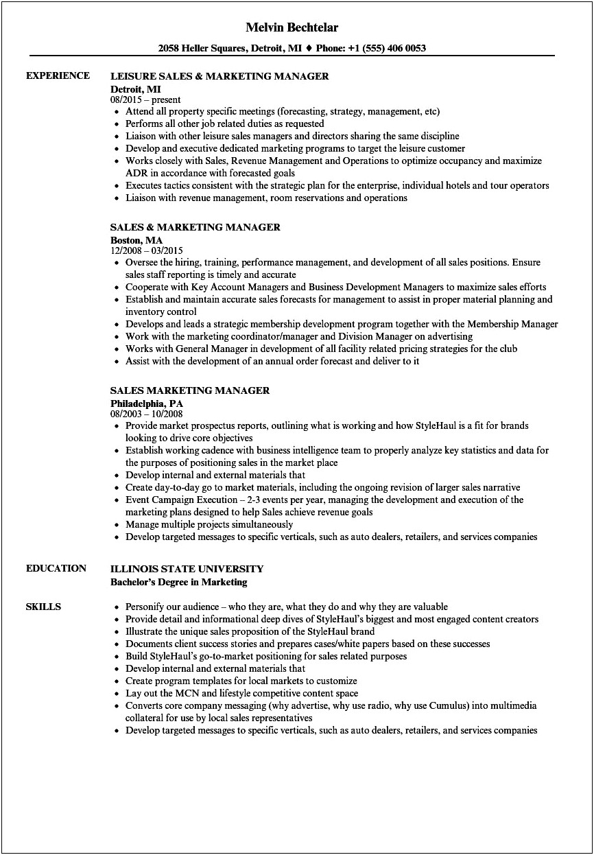 Sample Resume For Sales And Marketing Manager