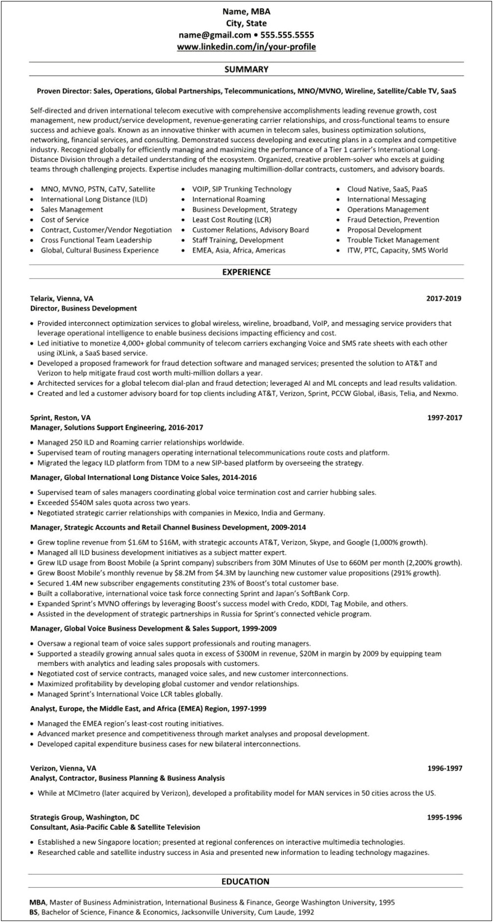 Sample Resume For Sales Manager In Telecom