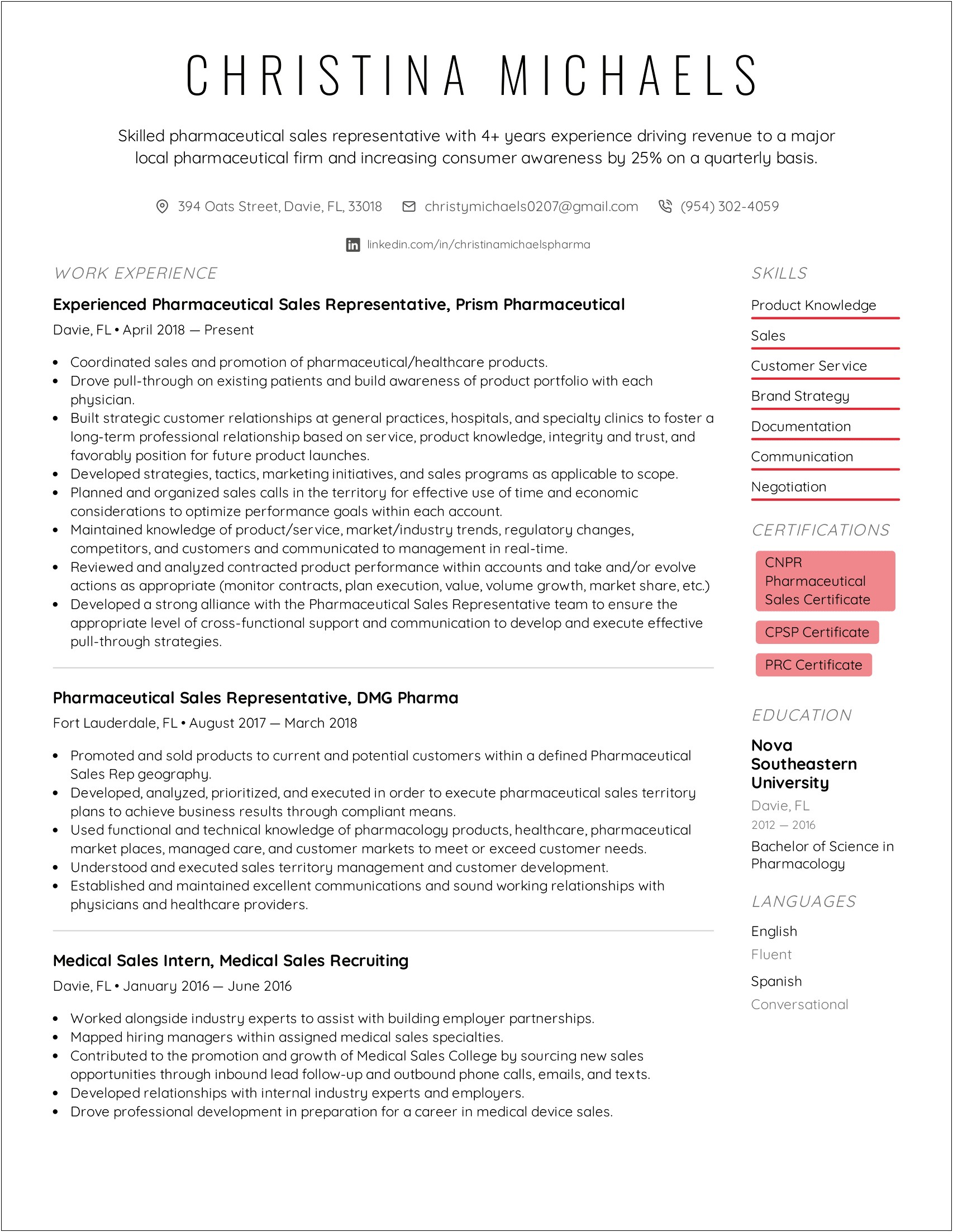 Sample Resume For Sales Representative Position