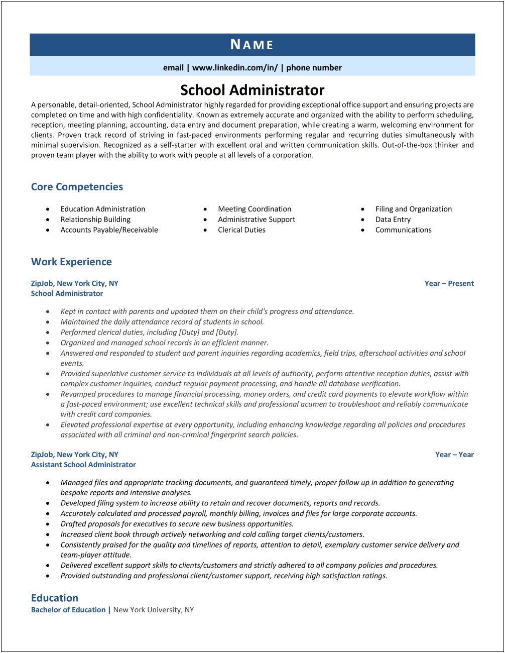 Sample Resume For School Adminstrative Position