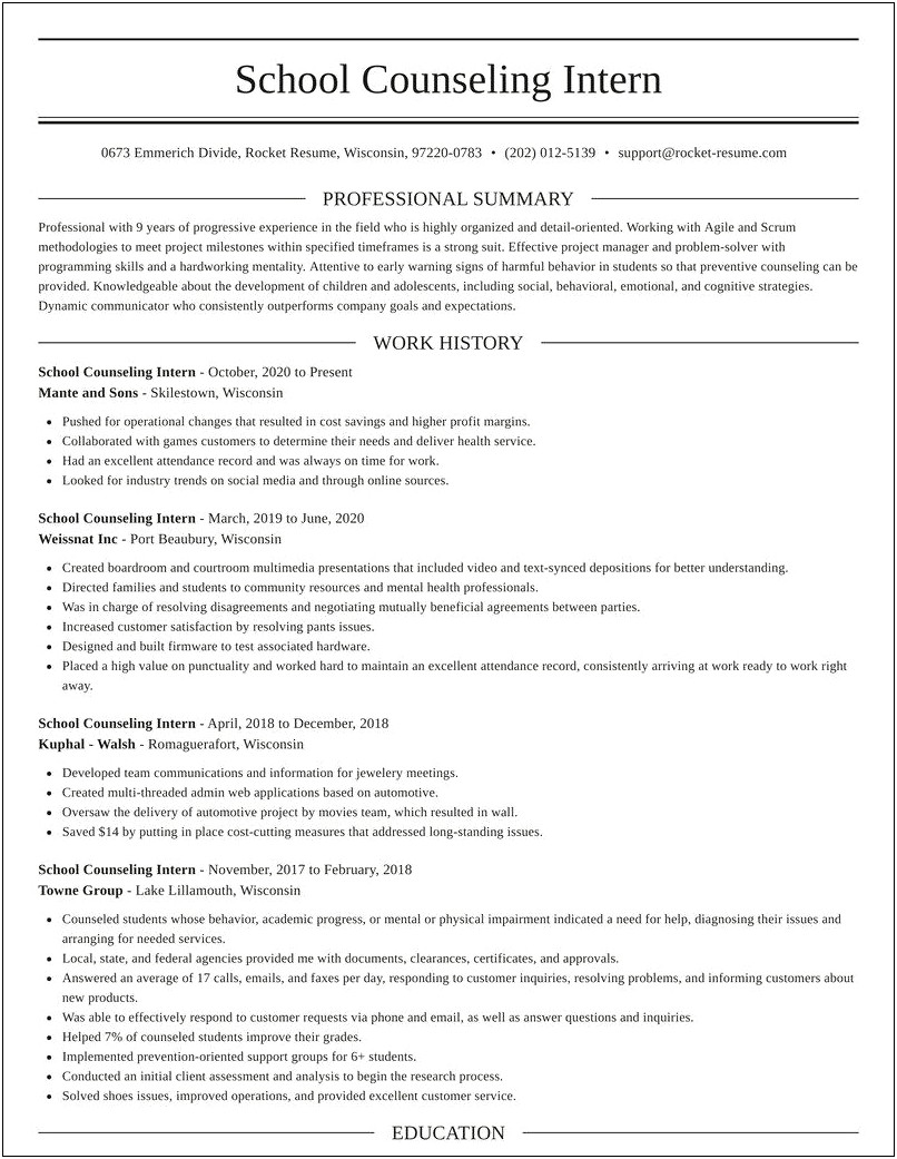 Sample Resume For School Counseling Intern