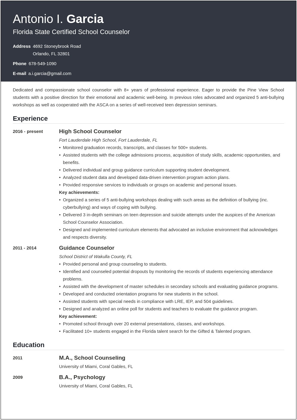 Sample Resume For School Counselor Position