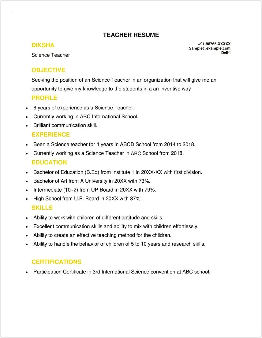 Sample Resume For Science Teachers Without Experience