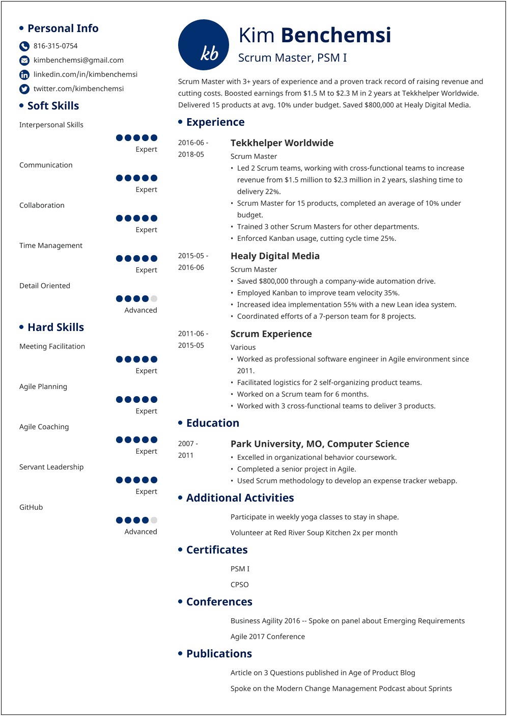 Sample Resume For Scrum Master Role