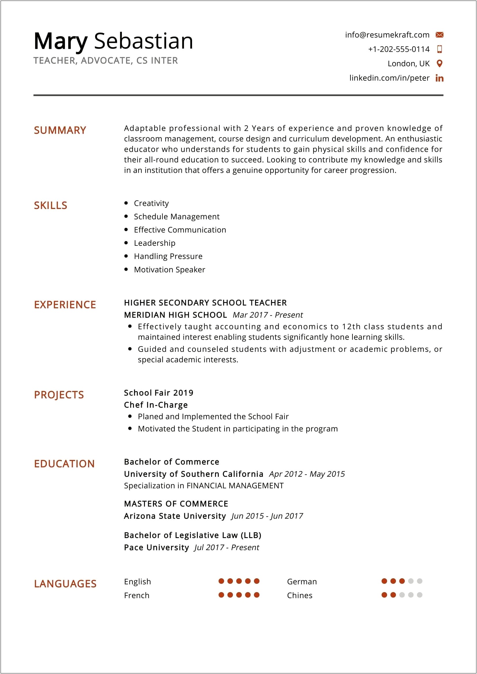 Sample Resume For Secondary Teacher Applicant