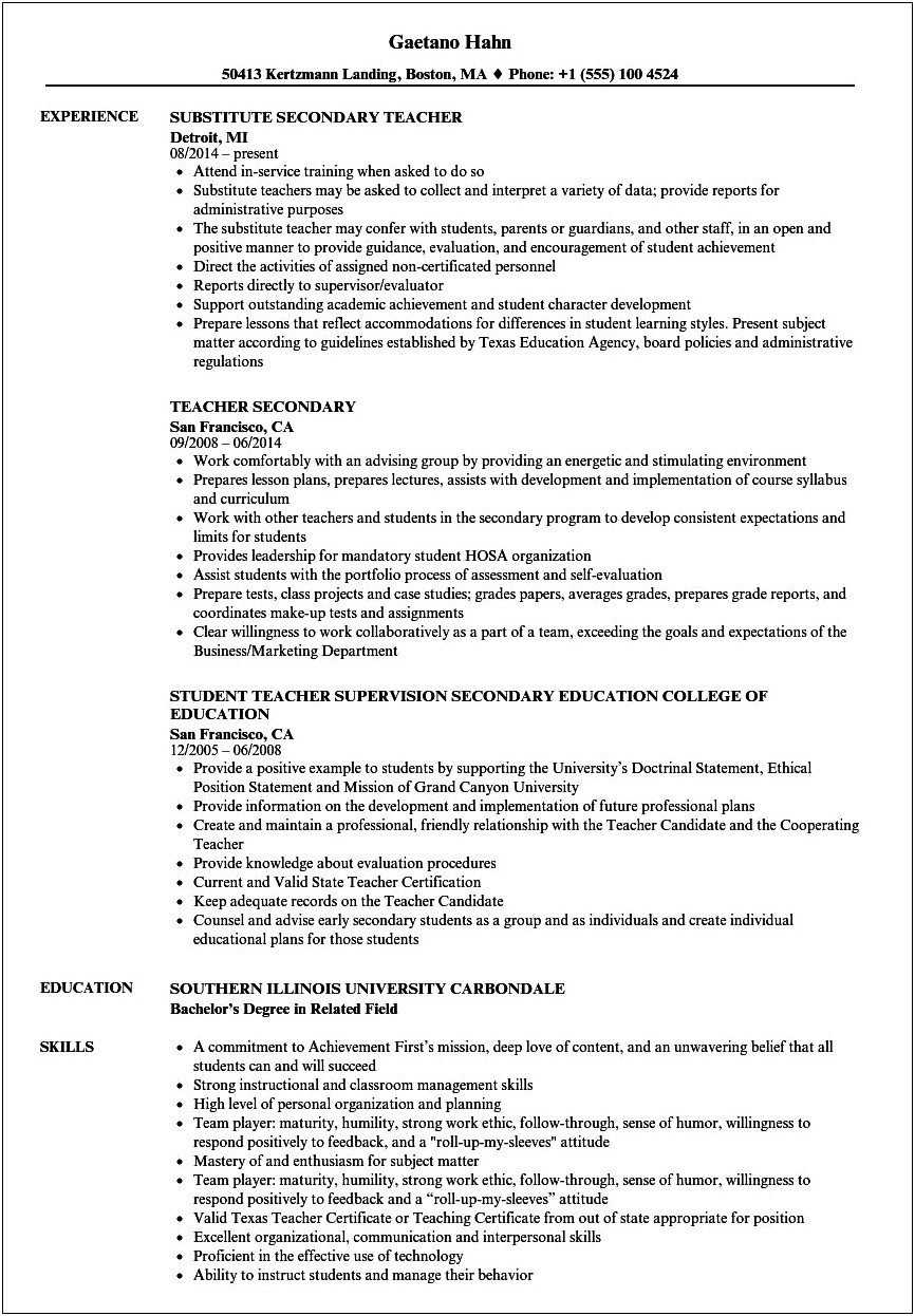 Sample Resume For Secondary Teachers Without Experience