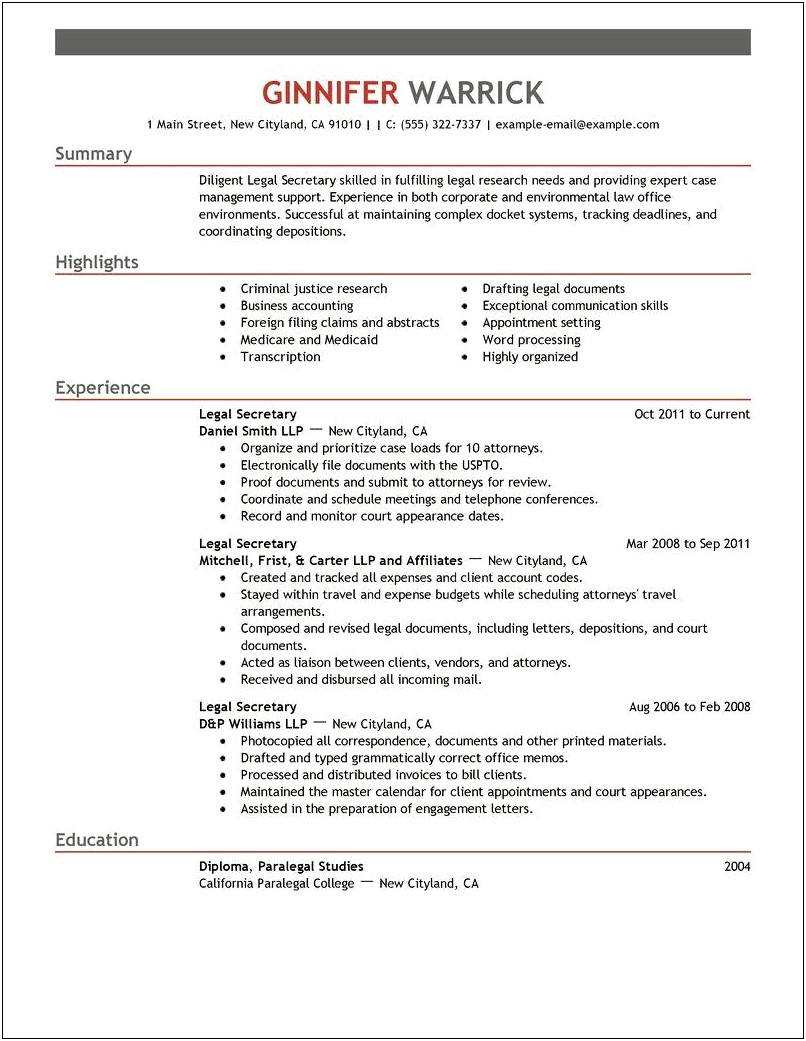 Sample Resume For Secretary In Corporate Business