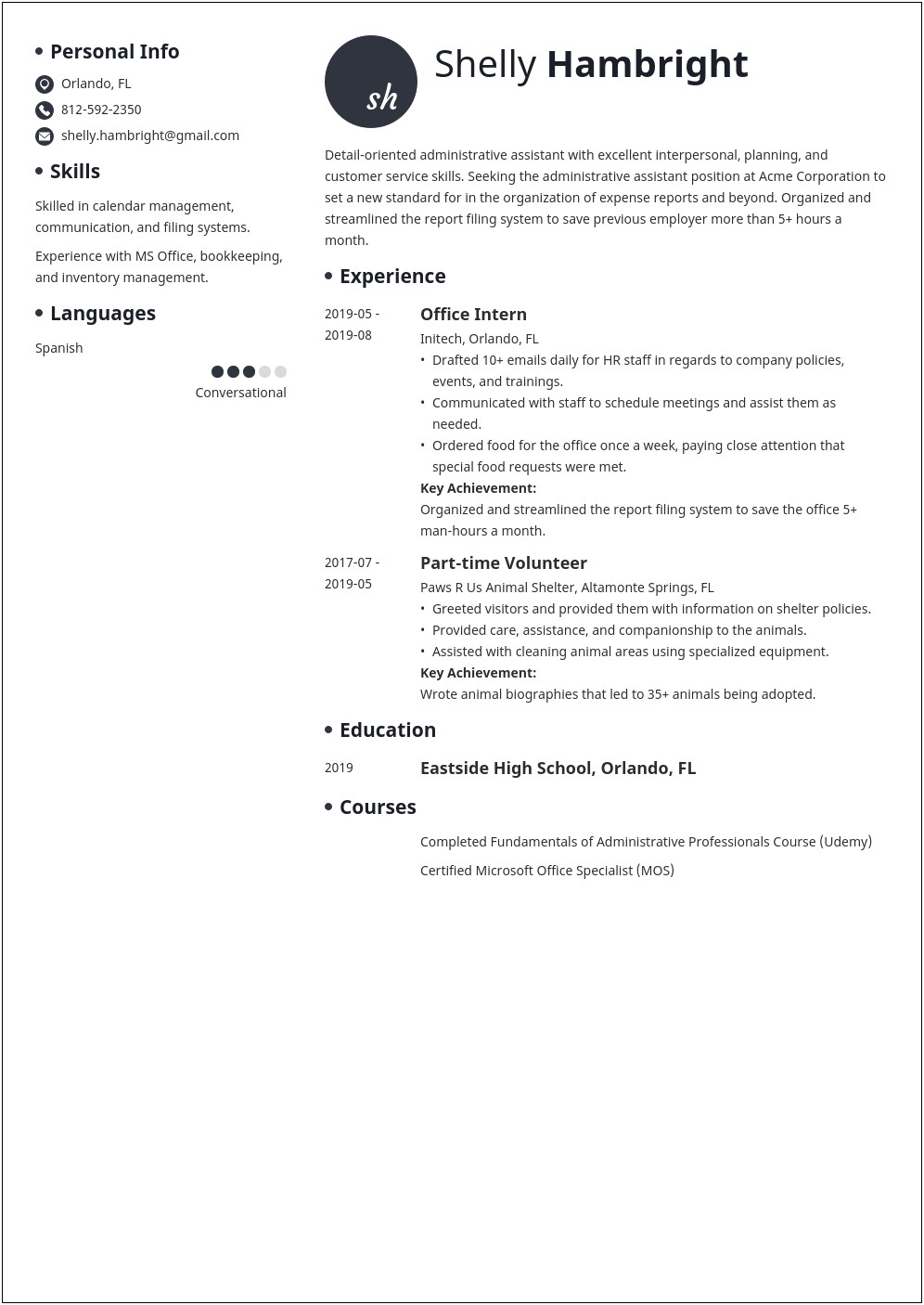 Sample Resume For Secretary Without Experience