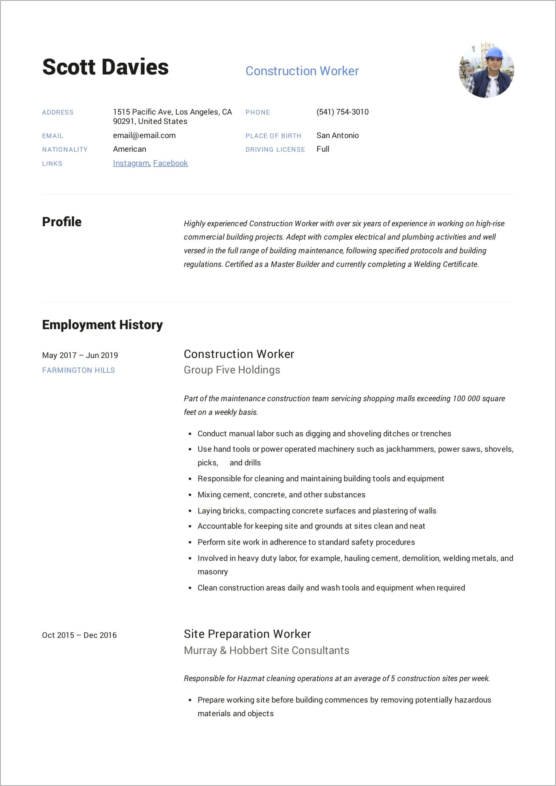 Sample Resume For Self Employed Construction Worker