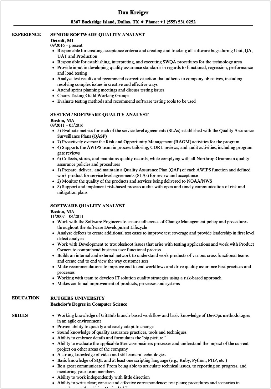 Sample Resume For Senior Qa Analyst