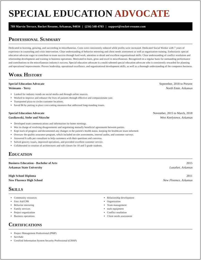 Sample Resume For Special Education Advocate