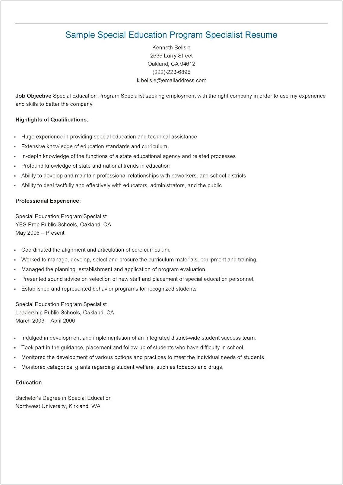 Sample Resume For Special Education Aide