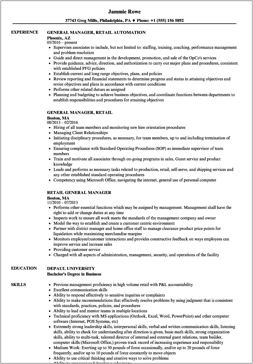 Sample Resume For Store Manager To Business Administration