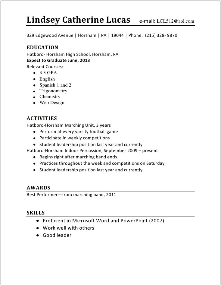 Sample Resume For Student Leadership Position