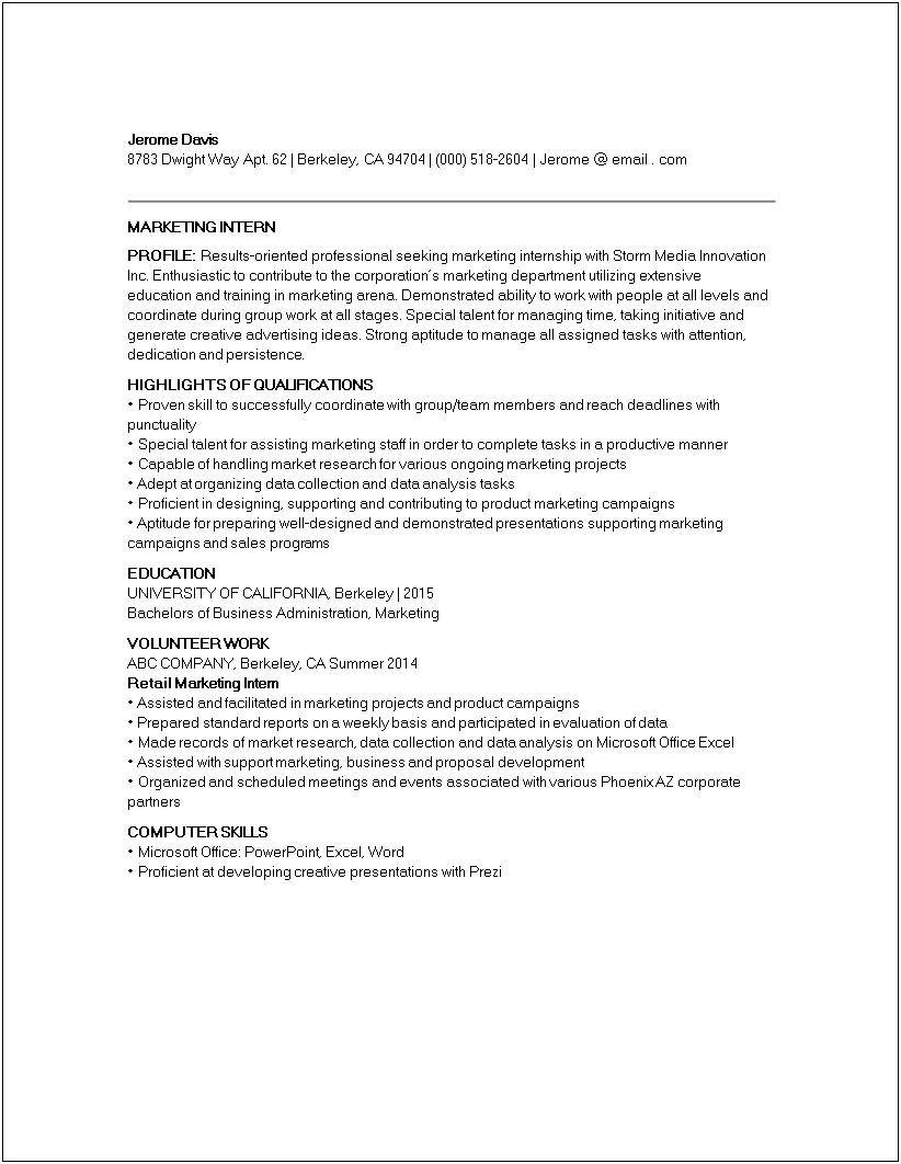 Sample Resume For Student Seeking Internship