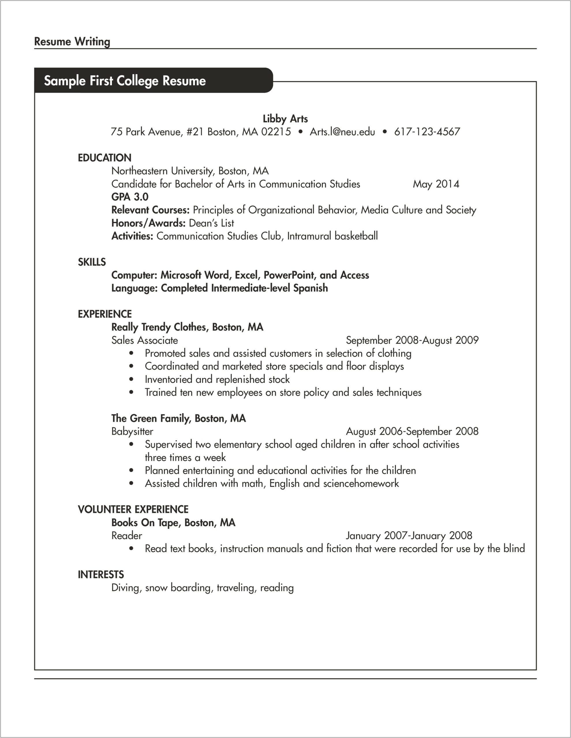 Sample Resume For Students Applying To College