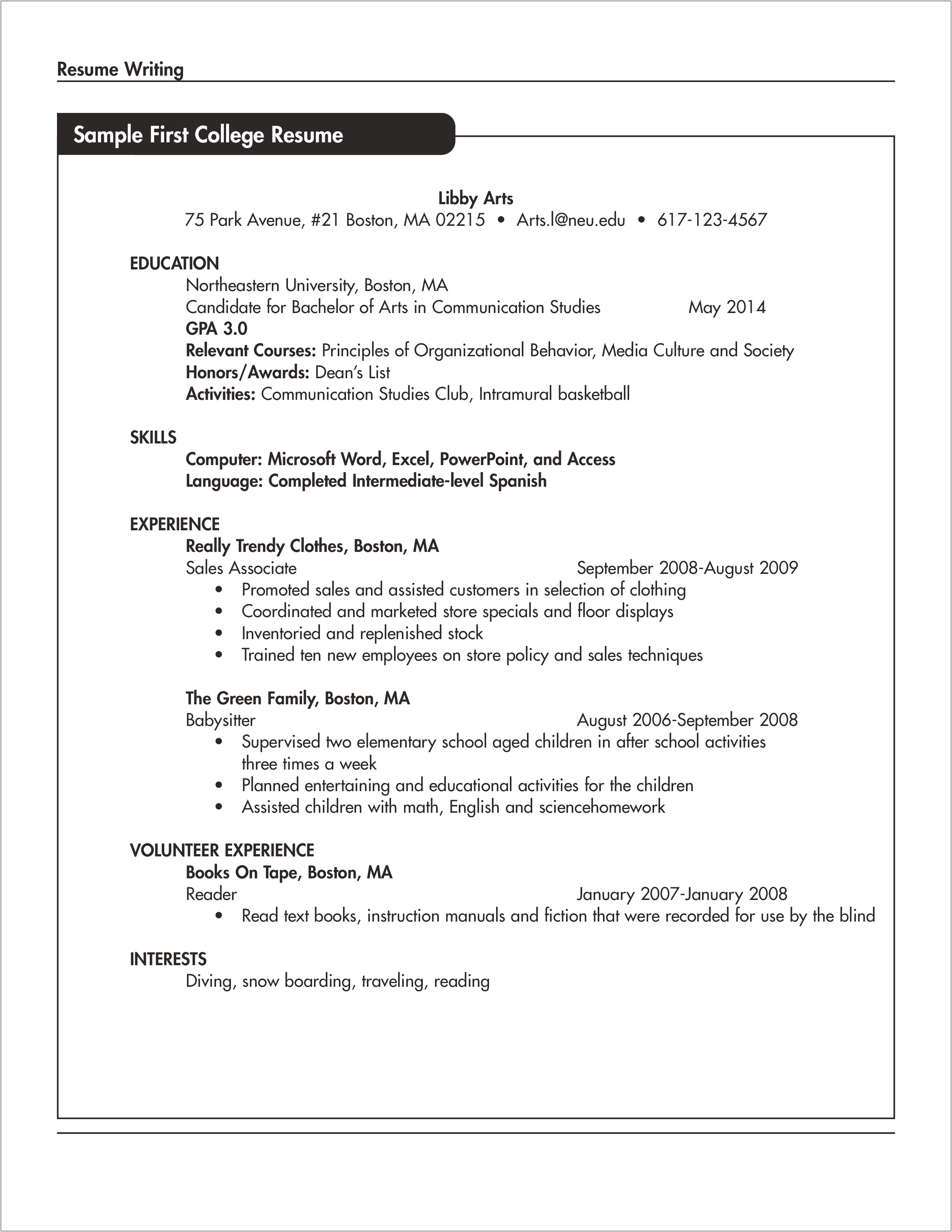 Sample Resume For Students Applying To College