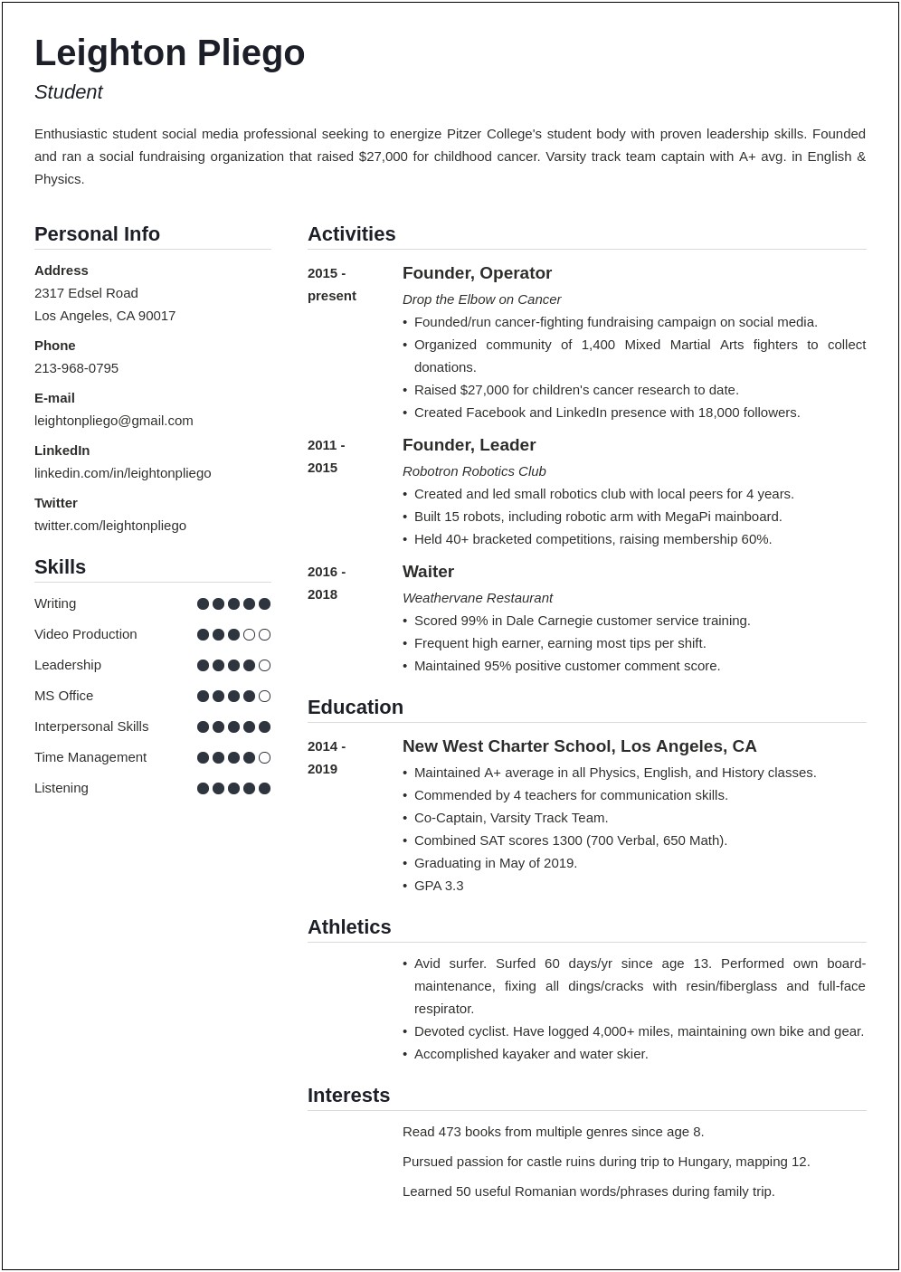 Sample Resume For Students Entering College