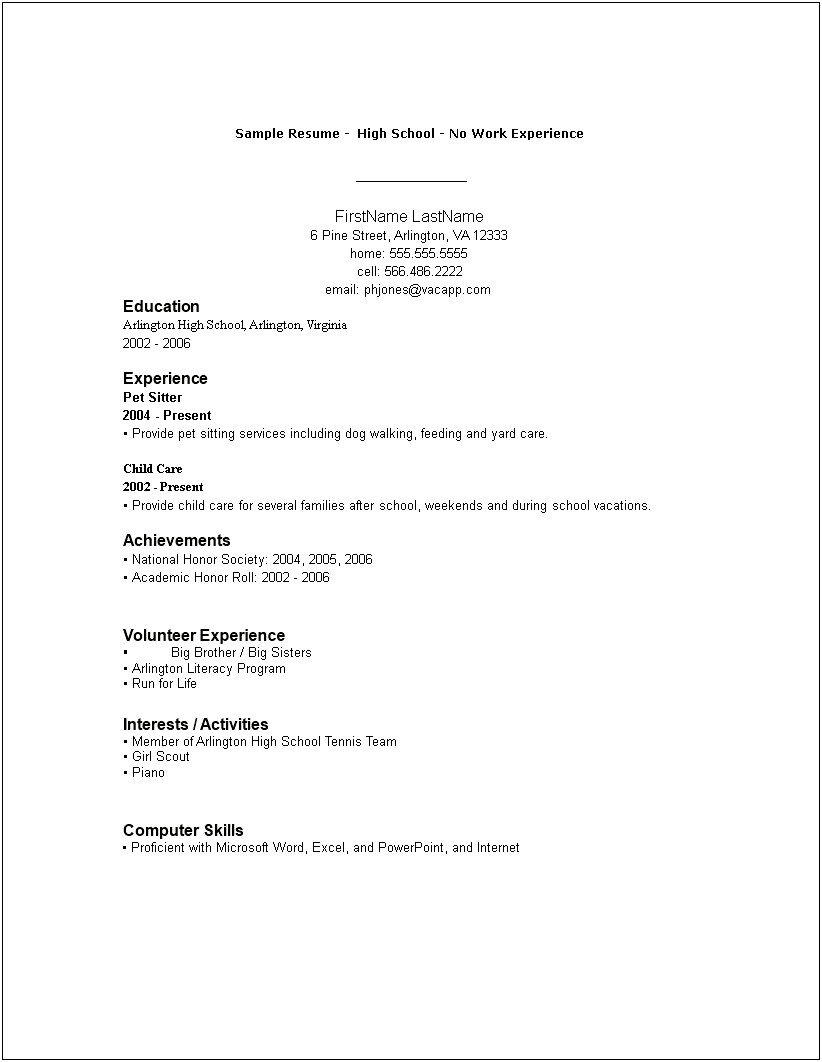 Sample Resume For Students With No Experience College