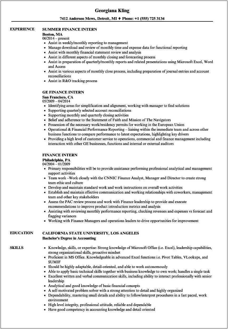 Sample Resume For Summer Internship India