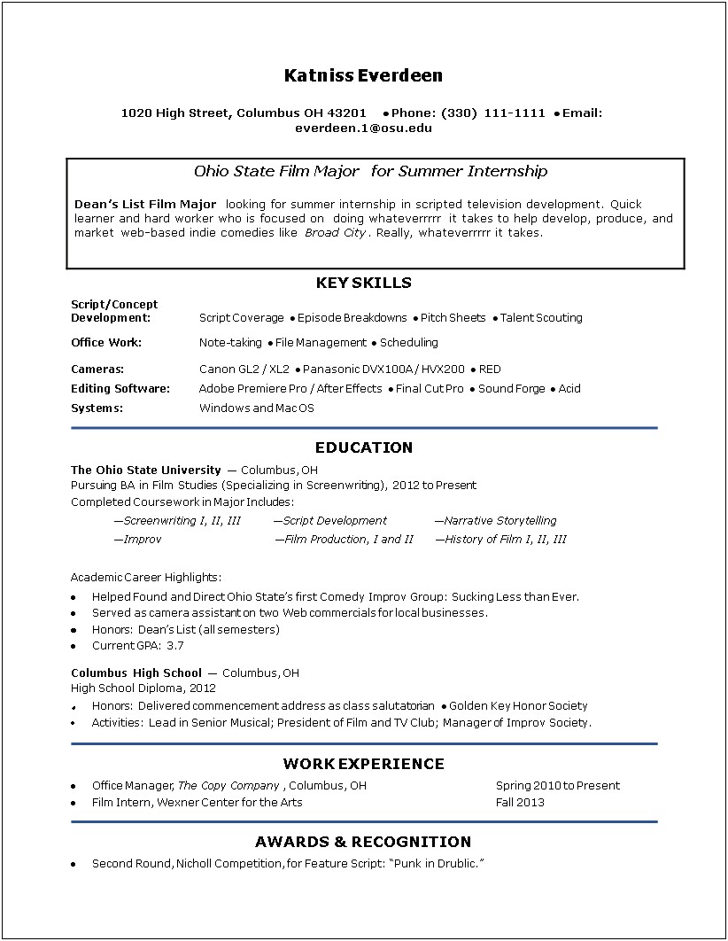 Sample Resume For Summer Internship Mba