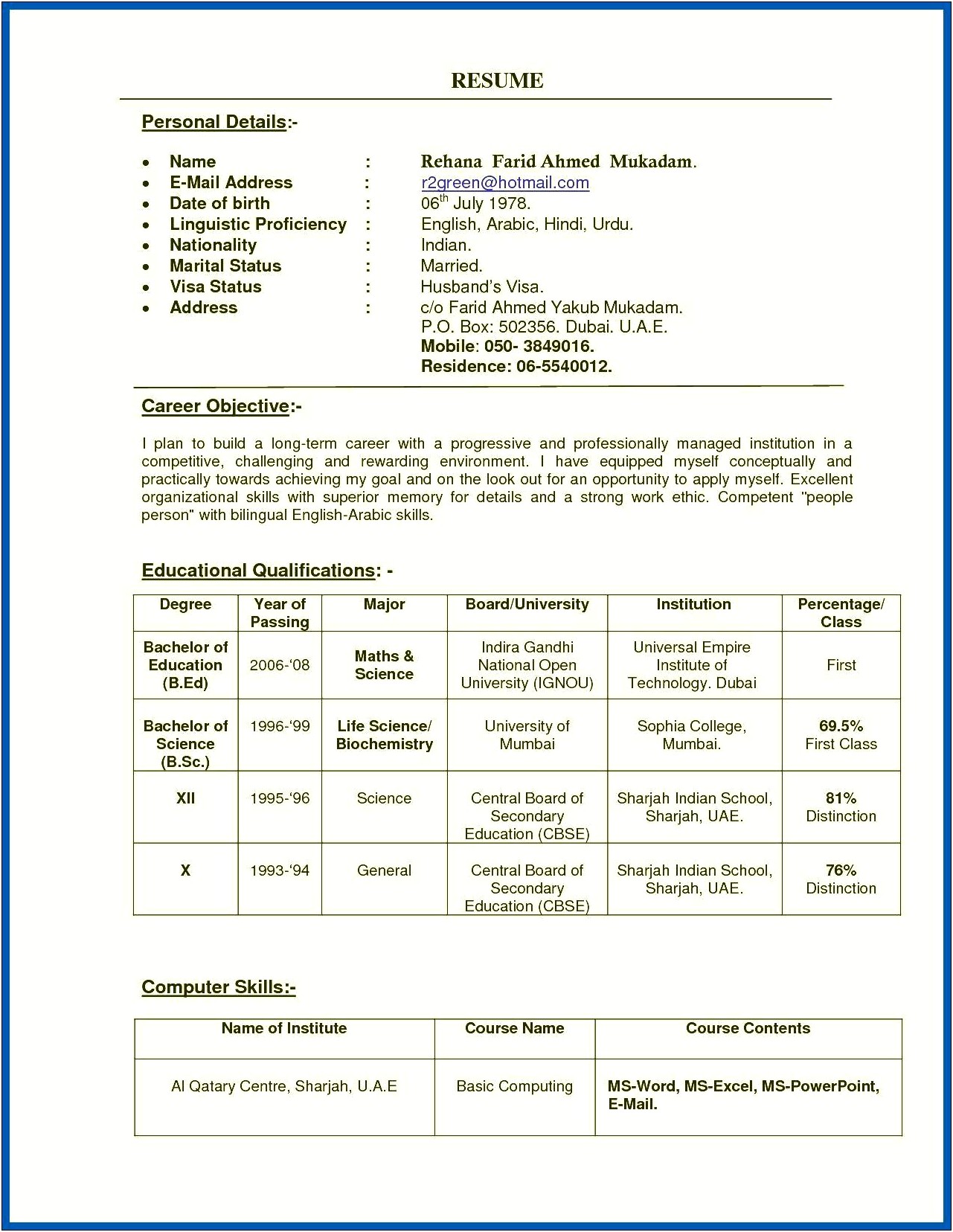 Sample Resume For Teachers In India
