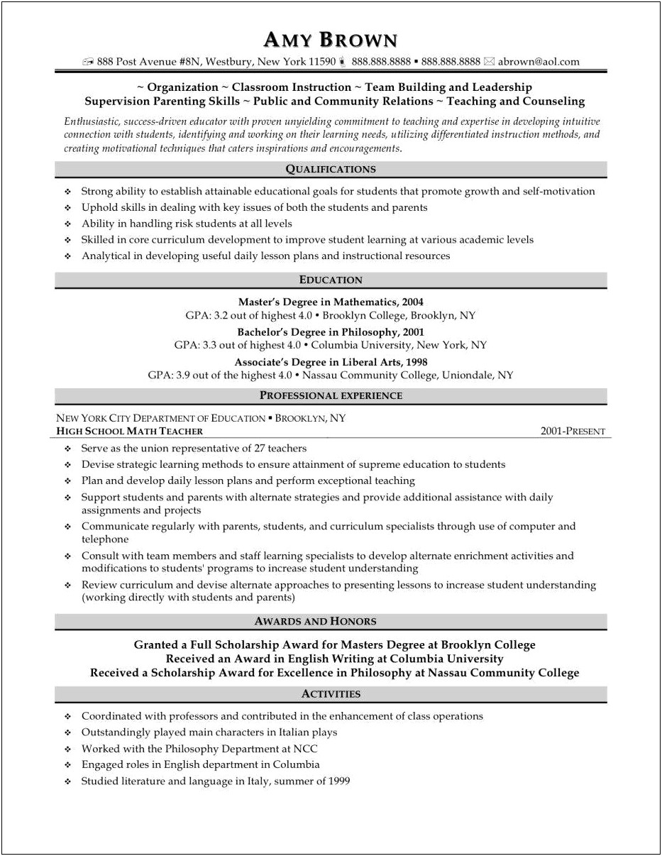 Sample Resume For Teaching English At A Cllege