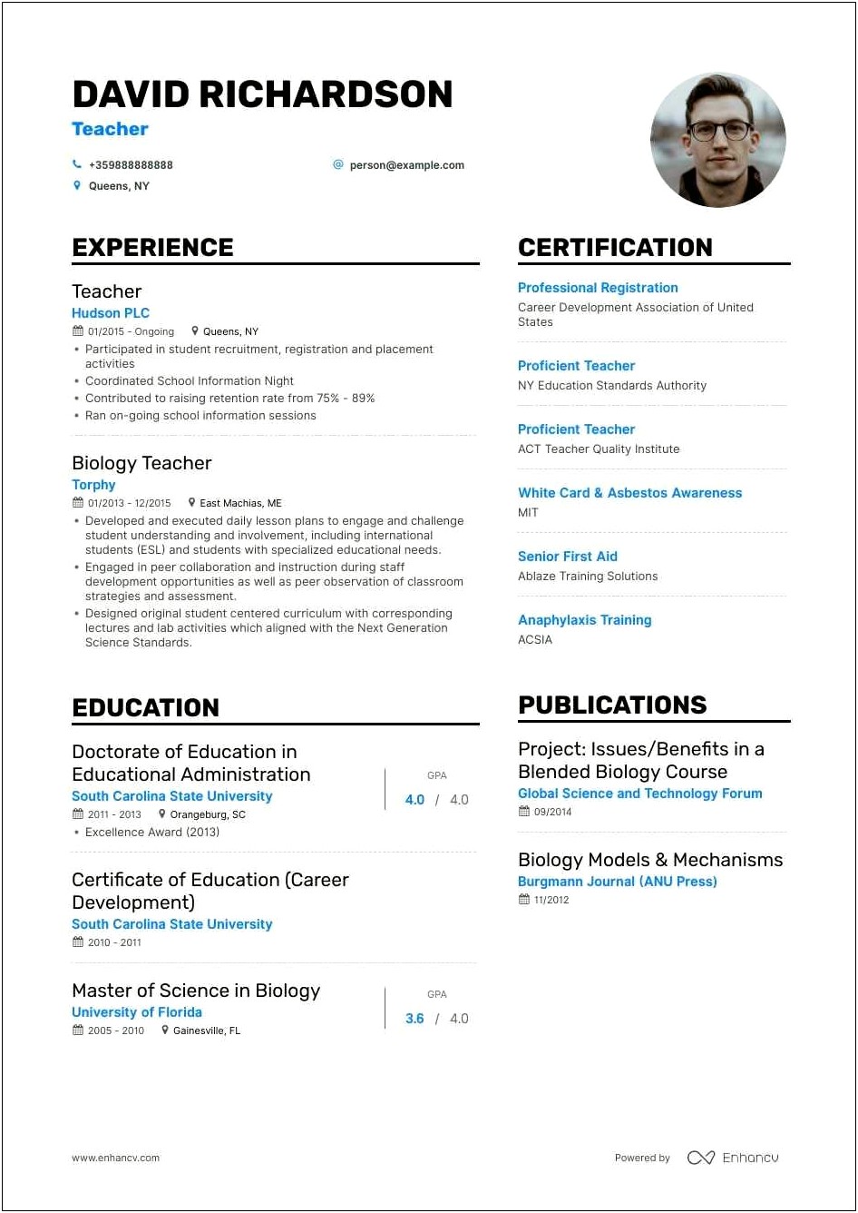 Sample Resume For Teaching Job Application