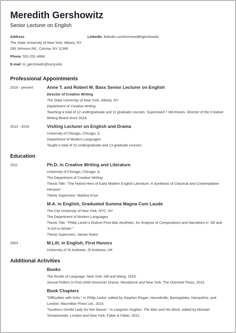 Sample Resume For Teaching Position In College