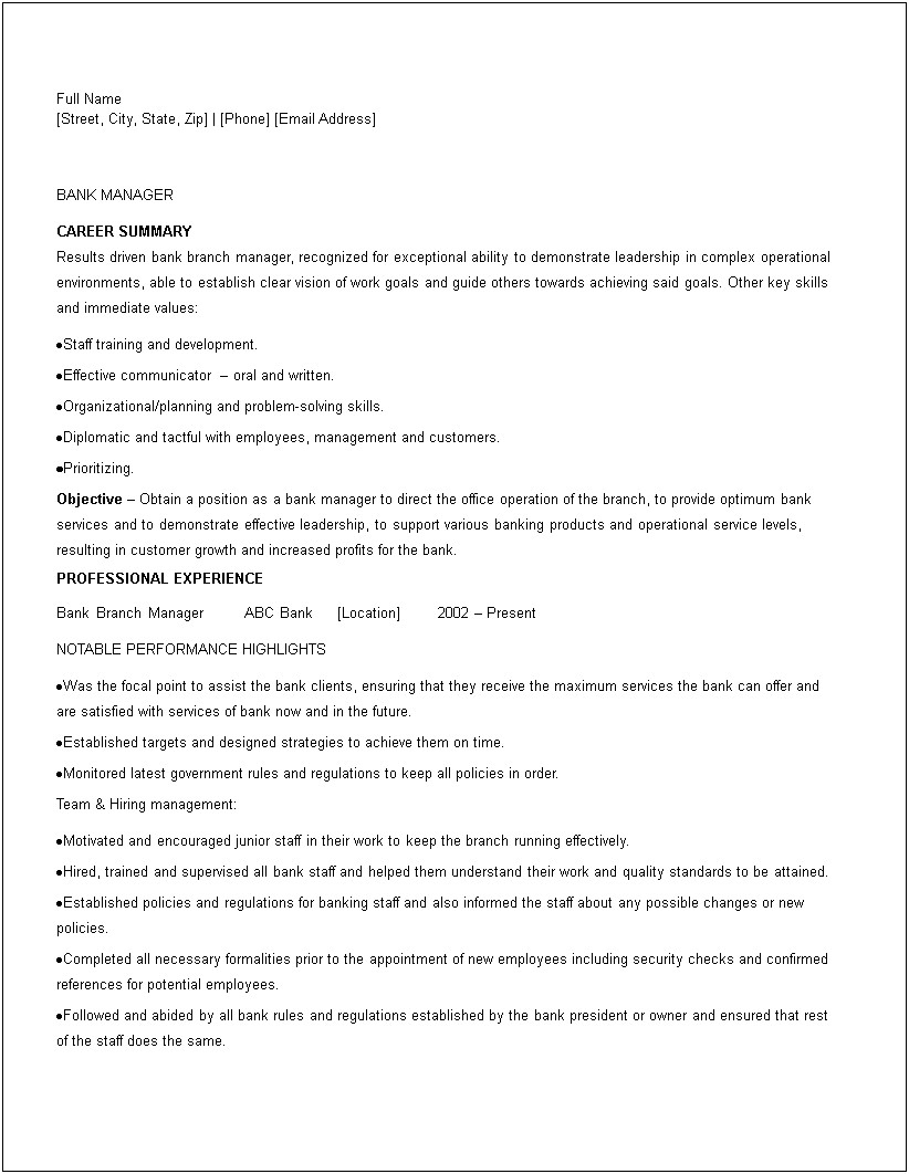 Sample Resume For Team Leader In Banking