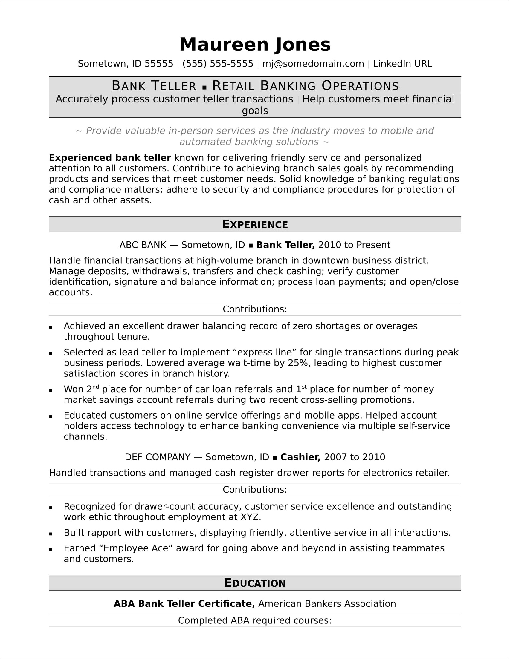 Sample Resume For Teller Manager Position