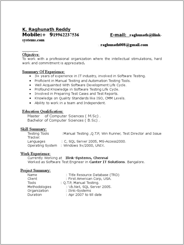 Sample Resume For Testing With 3 Year Experience