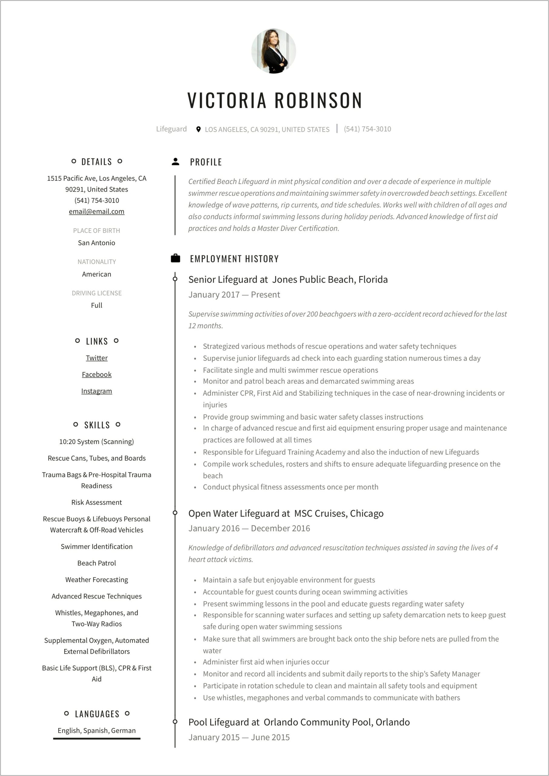 Sample Resume For The Lifeguard Position