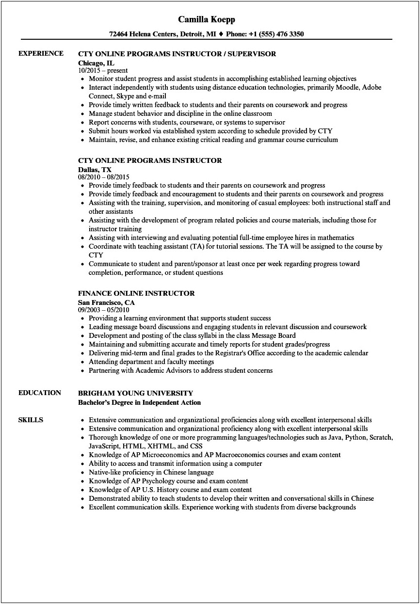 Sample Resume For The Post Of Computer Teacher