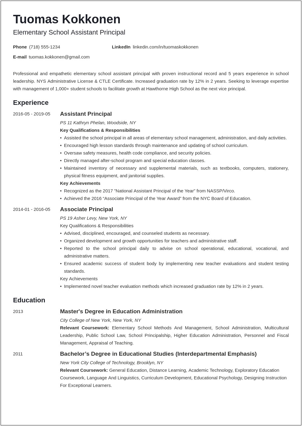 Sample Resume For The Post Of Principal