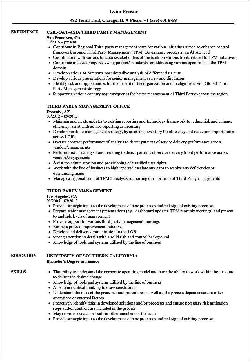 Sample Resume For Third Party Administrator