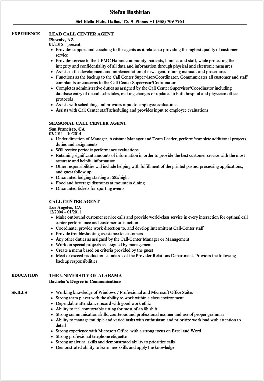 Sample Resume For Undergraduate Applying For Call Center