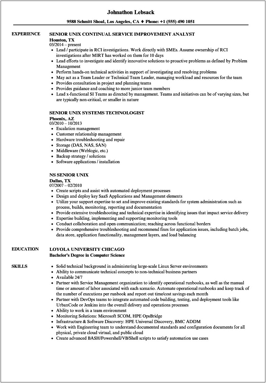 Sample Resume For Unix System Administrator