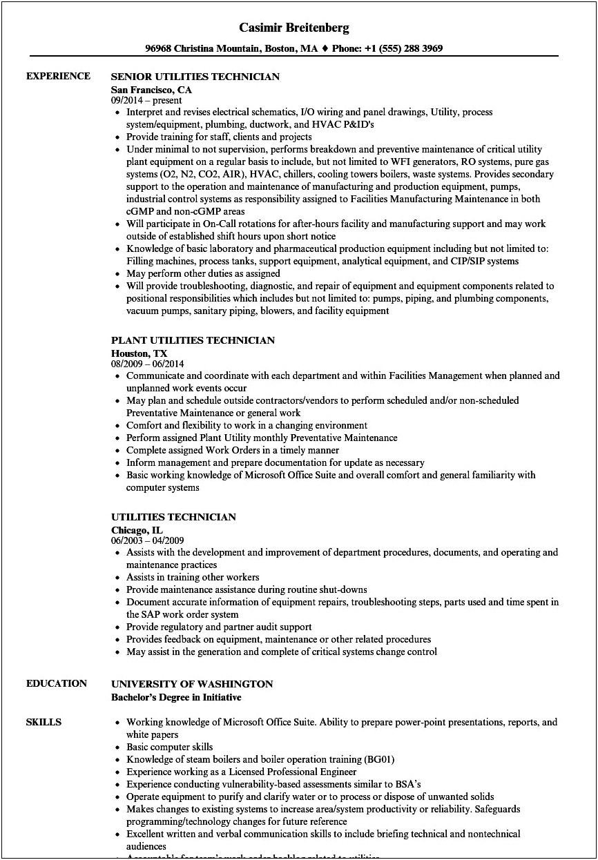 Sample Resume For Utility And Maintenance Engineer